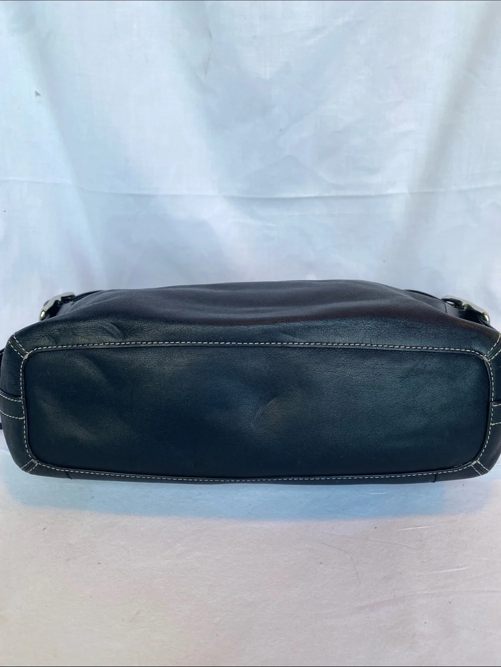 Coach East West 1417 Black Leather Shoulder Bag with Tassel Charm and Zip Pocket
